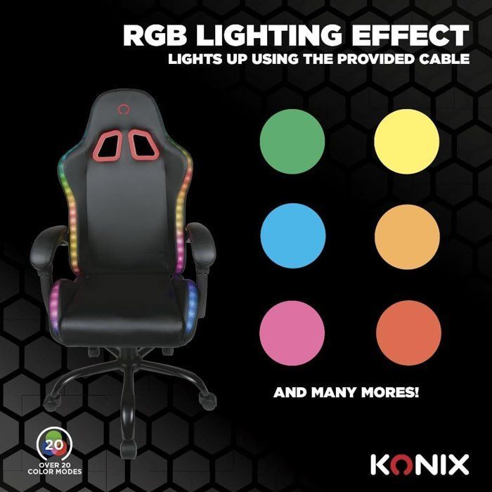 Silla gaming KONIX - Phantom - Iluminación RGB - Reclinación de 135° - Material sintético - Cojines lumbares y cervicales - Color negro