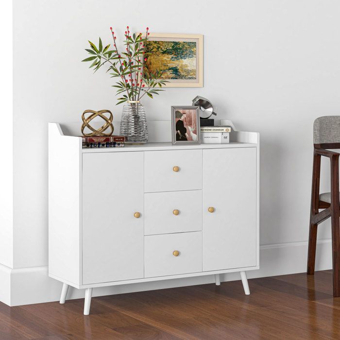 Aparador - HOMCOM - 2 puertas, 3 cajones y patas de madera maciza - estilo moderno - aglomerado - 90 x 32 x 80 cm - blanco