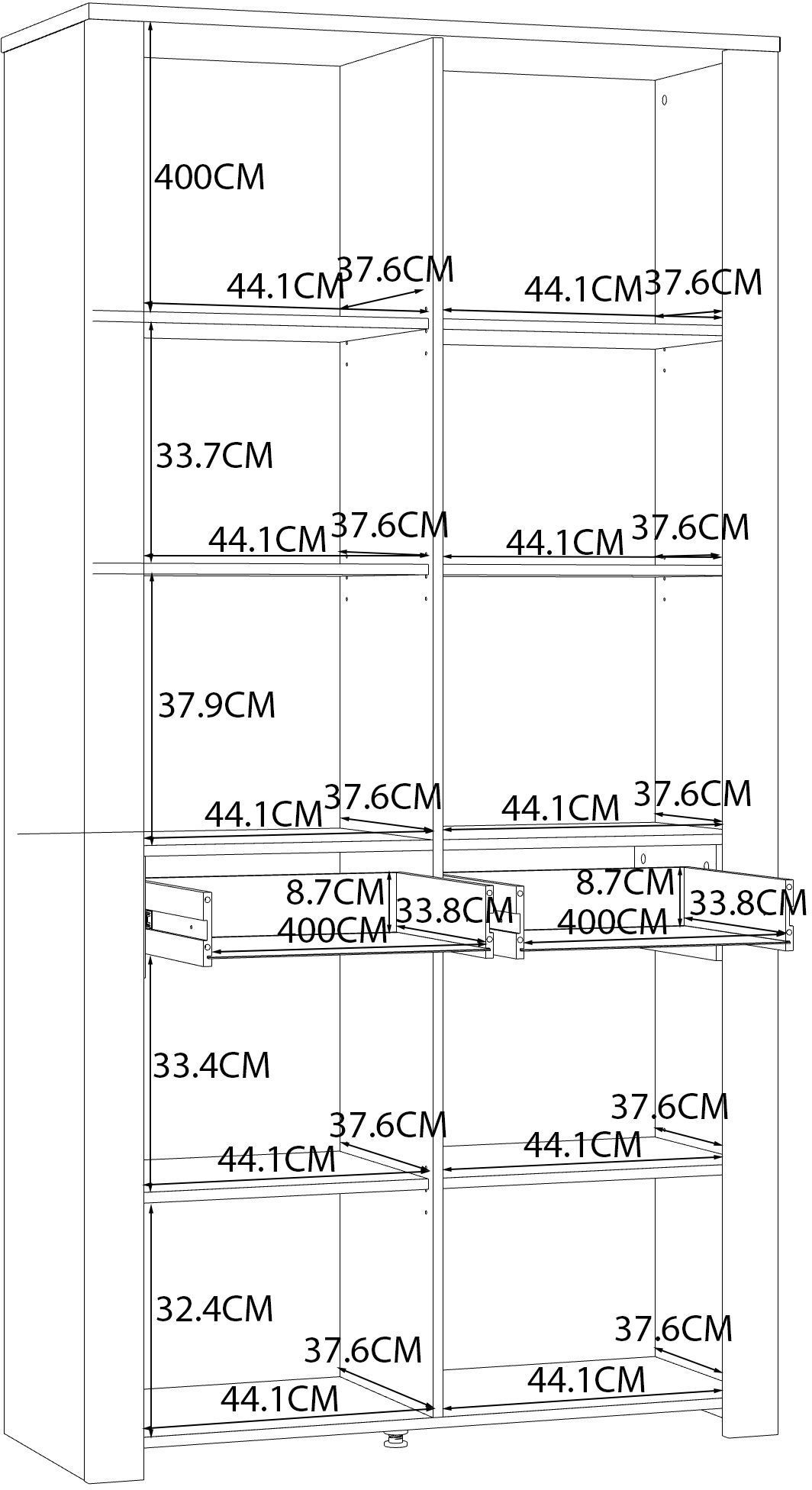 Vitrine Large BOHOL Blanche – 4 Portes dont 2 Vitrées + 2 Tiroirs – L 106,4 × P 42 × H 205,4 cm