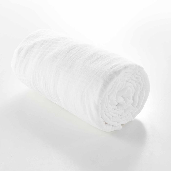 Sábana bajera ajustable de algodón de doble gasa Angelia White de 160 x 200 cm (para 2 personas) - Blanca