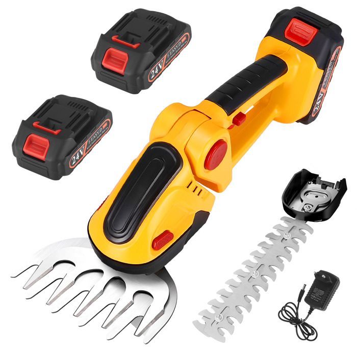 Cortacésped inalámbrico 2 en 1 con 2 baterías de 1500 mAh, cortasetos eléctrico con 2 cuchillas y tijeras para podar setos.