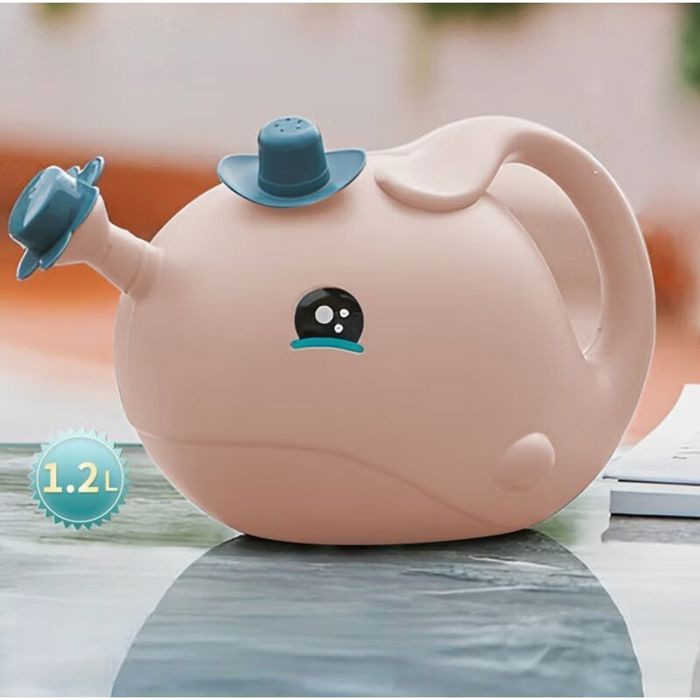 Regadera de plástico con aspersor para jardín, maceta infantil con diseño de ballena pequeña, 1,2 L, color rosa.