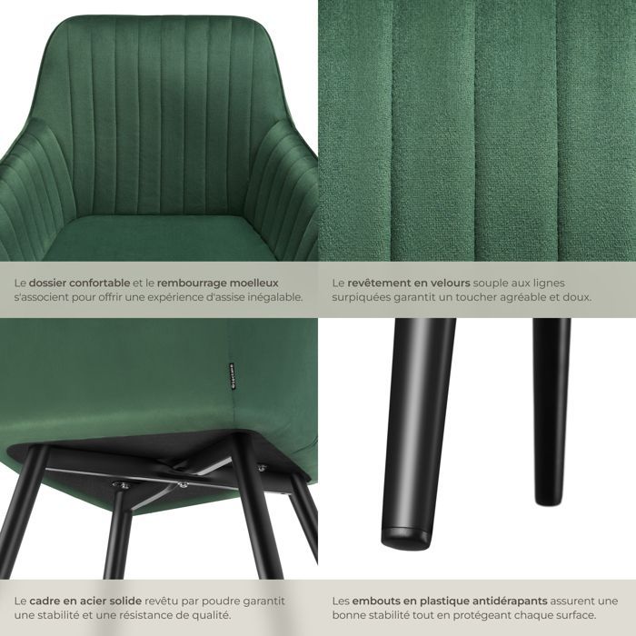 Chaise - TECTAKE - Fauteuil de salle à manger MARYLIN aspect velours avec pieds en acier noir - Vert Foncé
