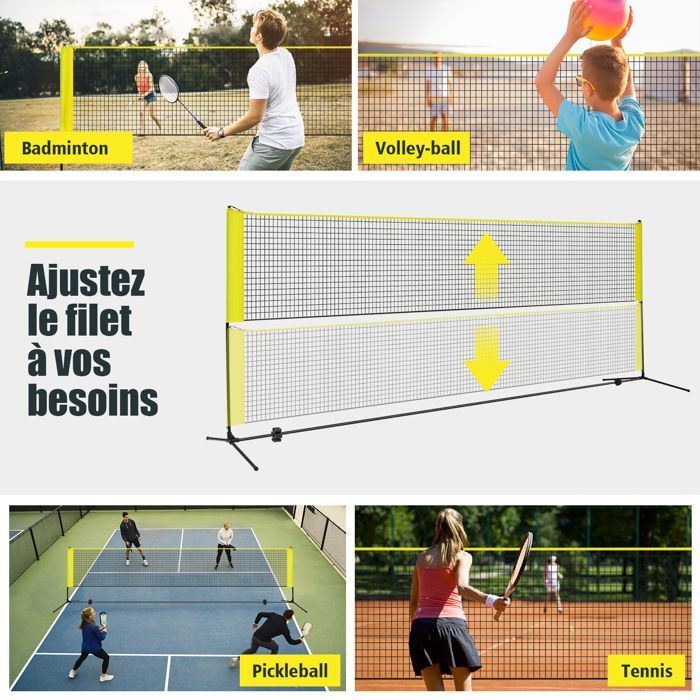 Rede de badminton portátil COSTWAY 420x102x89-155cm - Altura ajustável - 2 petecas - PE - Montagem em 5 minutos - Bolsa de armazenamento - Amarela