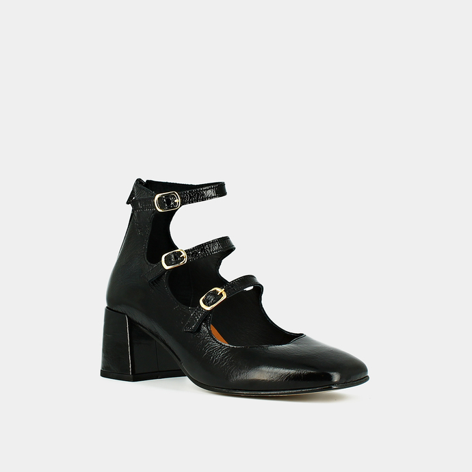 Babies à brides et talons  en cuir brillant noir