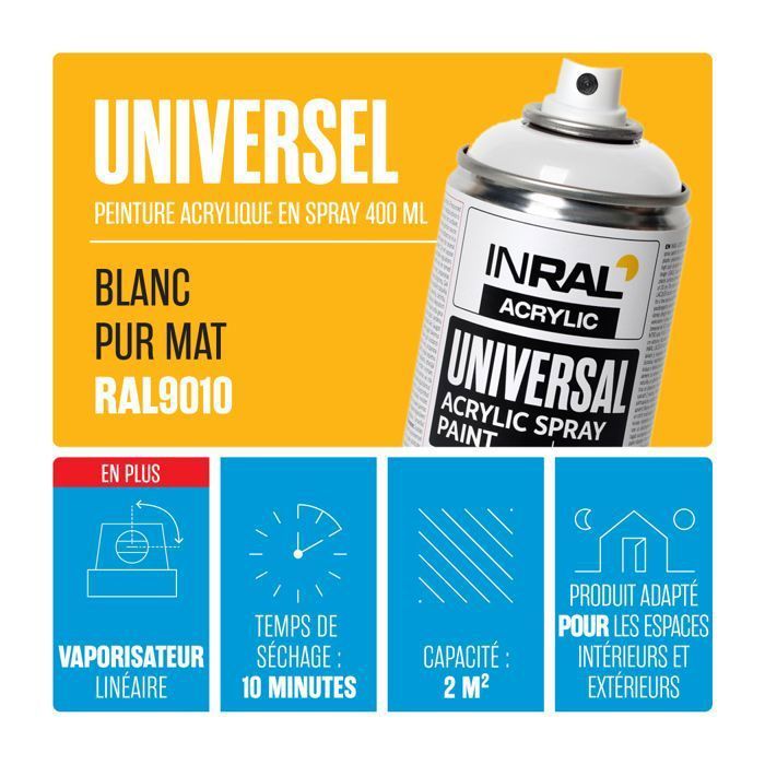 Peinture acrylique aérosol INRAL RAL9010 blanc pur mat – séchage rapide, protection durable intérieur/extérieur – 400 ml