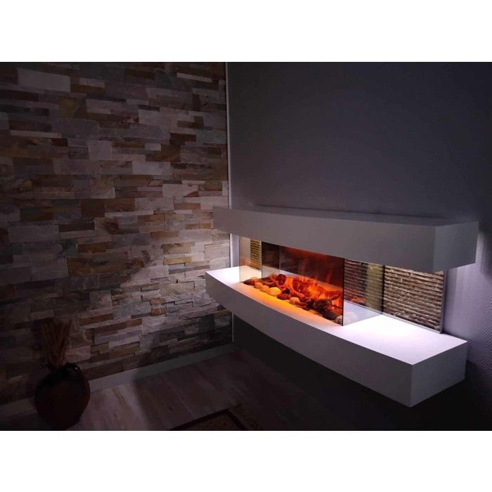 CHEMIN ARTE - Chimenea eléctrica mural blanca para salón de 120 cm con efecto de llama LED, calefacción programable y mando a distancia.