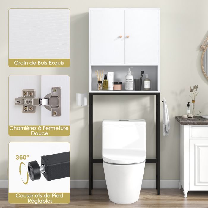 Armario para inodoro GOPLUS - Unidad de almacenamiento sobre el inodoro, compartimento abierto, estante ajustable, para cuarto de lavado, blanco
