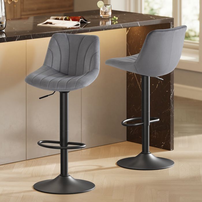 Tabourets de Bar Réglables, Tabourets avec Dossier, Rotation 360°, Velours, pour Cuisine, Salle à Manger, Lot de 2, Gris