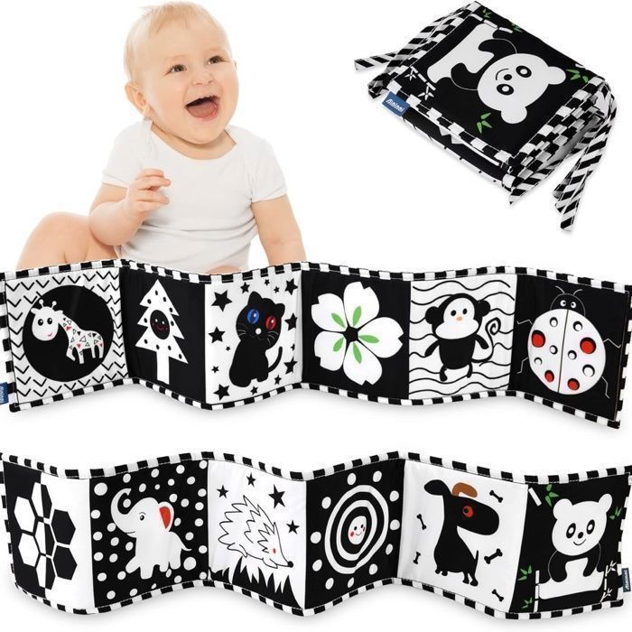 Livre D'eveil Double Face en Tissu,Livre Tissu Bébé Livre Noir et Blanc Bébé Pliable Réutilisable,  développement Cerveau Bébé