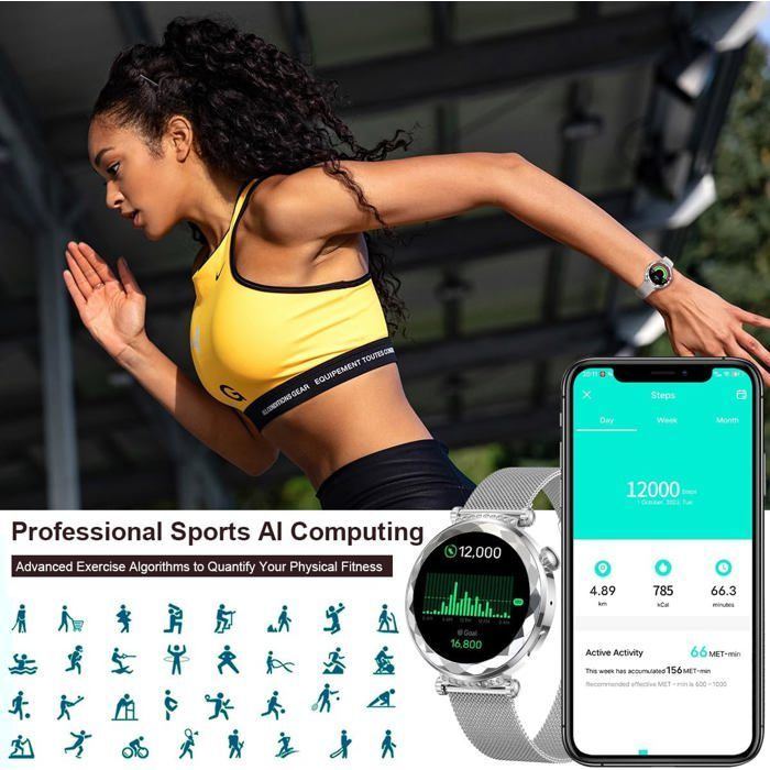 Montre Connectée Femme, Moniteur D'activité pour Android/iOS, Ecran AMOLED 1,19