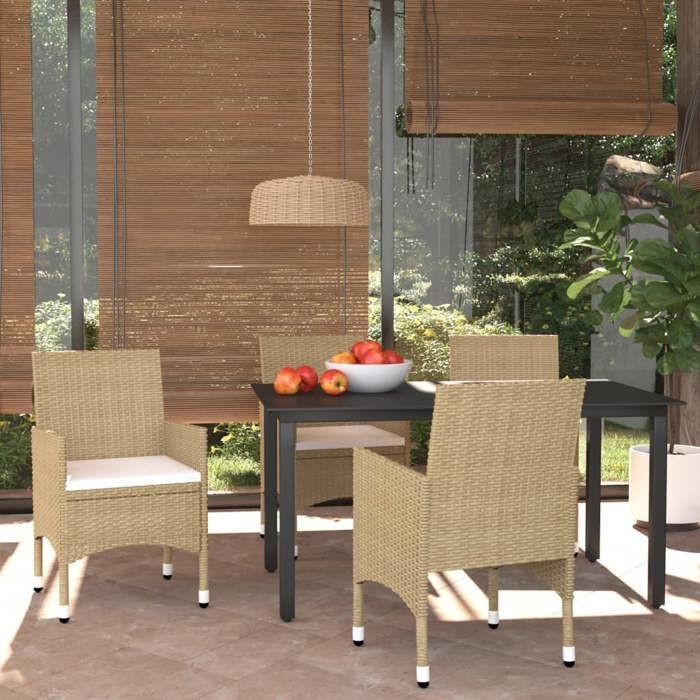 Ensemble à manger de jardin en poly rotin - BURKE - 5 pièces - Beige - Table 150x90x74 cm - Chaise 53x58x84 cm