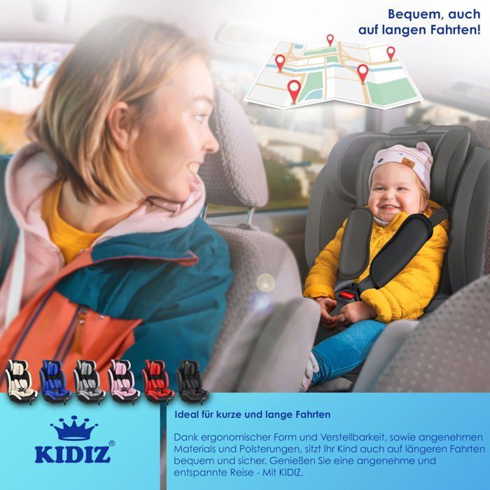 Seggiolino auto KIDIZ® per bambini e neonati da 9 a 36 kg, gruppo 1+2+3, cintura di sicurezza a 5 punti, poggiatesta regolabile e convertibile, nero.