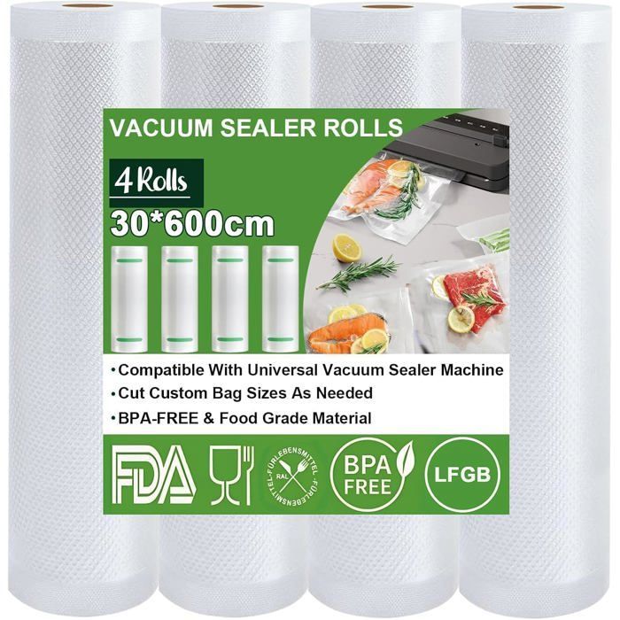 Bolsas para envasar al vacío alimentos, 4 rollos de 30 x 600 cm, película para envasar al vacío alimentos, aprobada por la FDA, LFGB, bolsas para congelación [MA243]