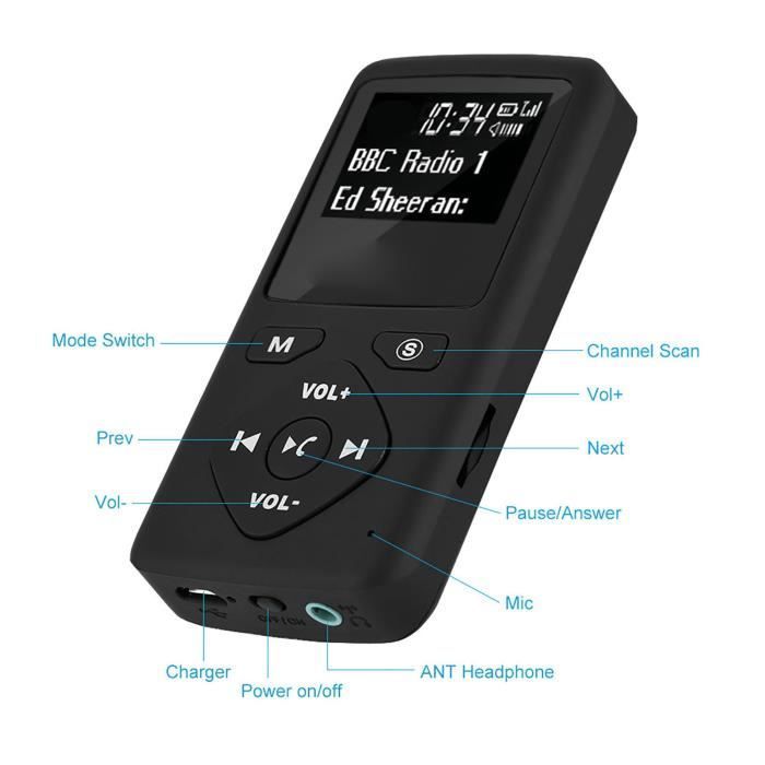 TMISHION récepteur radio Radio Receiver, Digital Portable DAB/DAB+ Pocket Digital Radio Receiver Bluetooth MP3 Player son baladeur