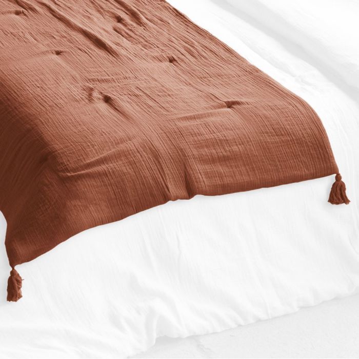 Caminho de cama 90x200 cm, gaze de algodão, cor terracota