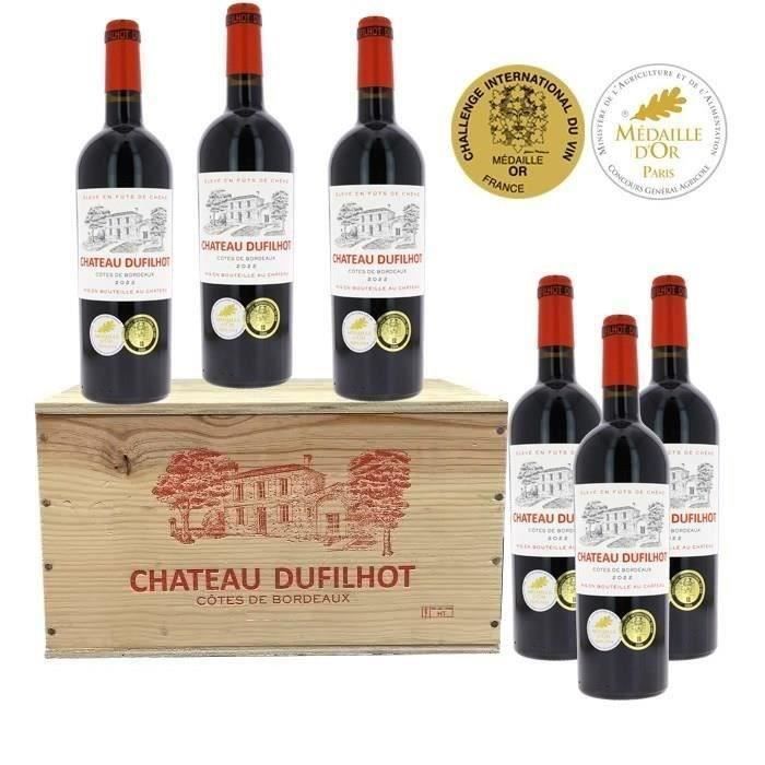 Château Dufilhot 2023 Côtes de Bordeaux - Vino tinto, caja de 6 botellas en estuche de madera.