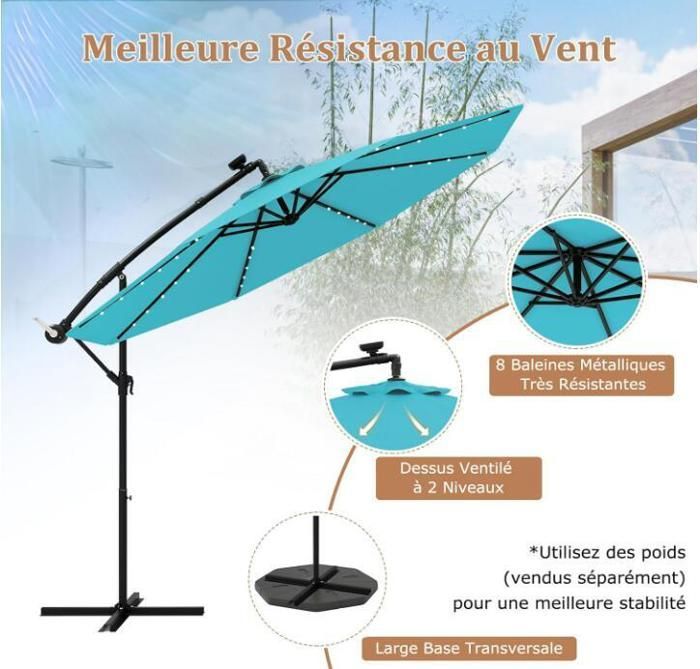 Parasol de Jardin Extérieur - RELAX4LIFE- Dia 300CM - 40 LED - 8 Baleines - Incliné 35°- Pied en Croix - Parasol Déporté -Turquoise