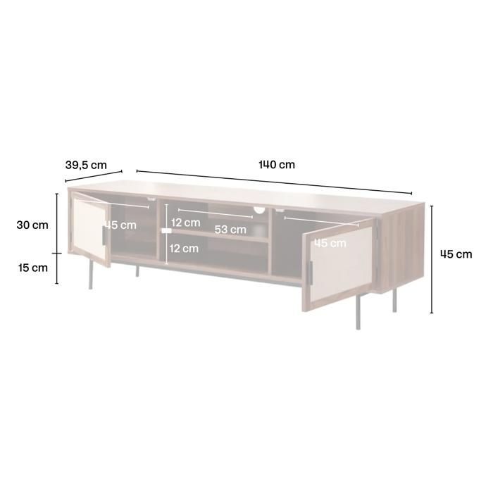 CALICOSY - Mueble para TV con acabado en nogal y frentes de tela, 140 cm de ancho, JETSON - Madera oscura