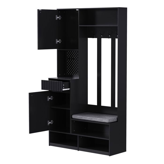 Meuble d'entrée avec 1 tiroirs et 2 porte - Becag - Vestiaire d'entrée avec banc et 4 crochets - 100x35x180cm - Noir