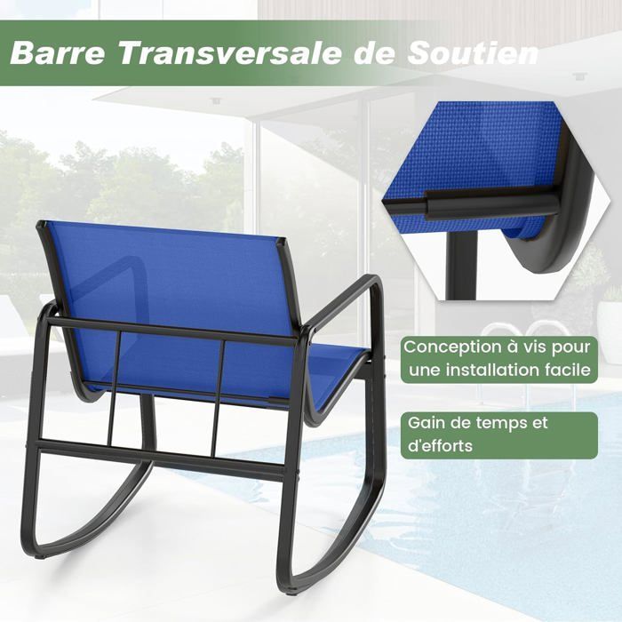 COSTWAY Ensemble 3PCS Table et Chaises de Jardin, Table en Verre Trempé, Chaises à Bascule 2 Places, pour Balcon Patio Piscine,Bleu