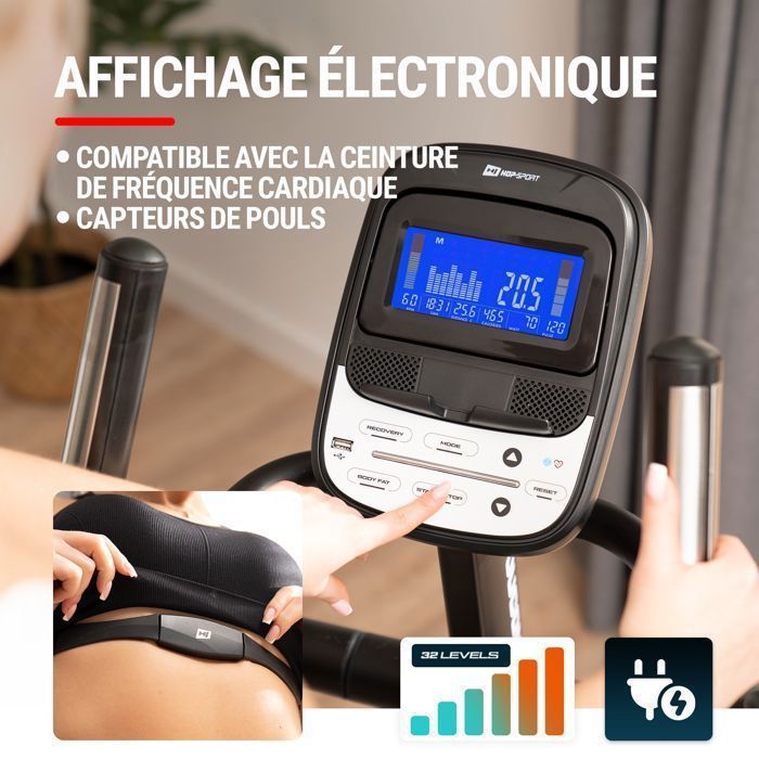 Aparelho elíptico doméstico Hop-Sport HS-250CF Jucon, 32 níveis de resistência magnética, volante de 24 kg, 12 programas, azul.