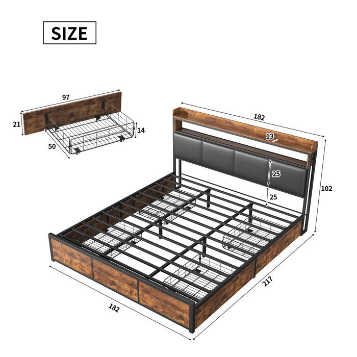 Cama doble para adultos de 180x200 cm - Almacenamiento integrado - Cajones - Iluminación LED conectada - Estilo industrial negro