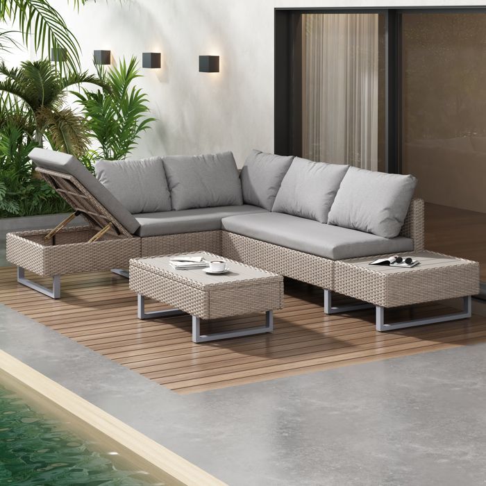 Modular PE rattan garden furniture set - suitable for 4 to 5 people - plastic plank coffee table - Khaki