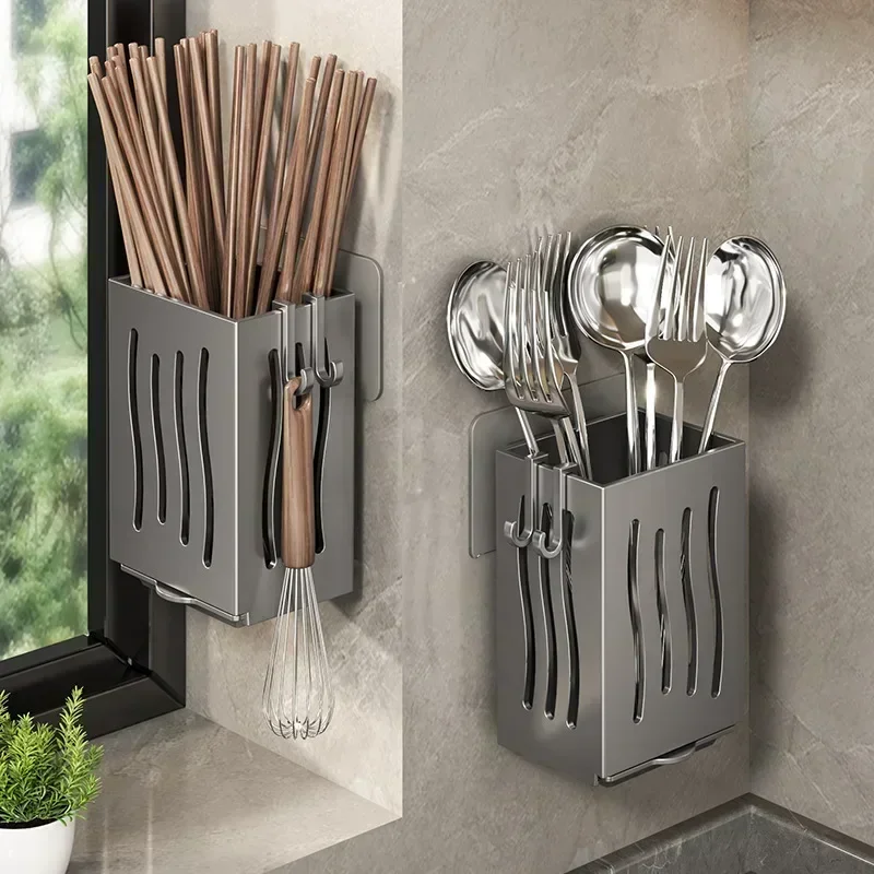 Égouttoir à ustensiles de cuisine multifonctionnel (1 pièce), porte-baguettes, boîte de rangement pour couverts murale ou sur pied, en plastique