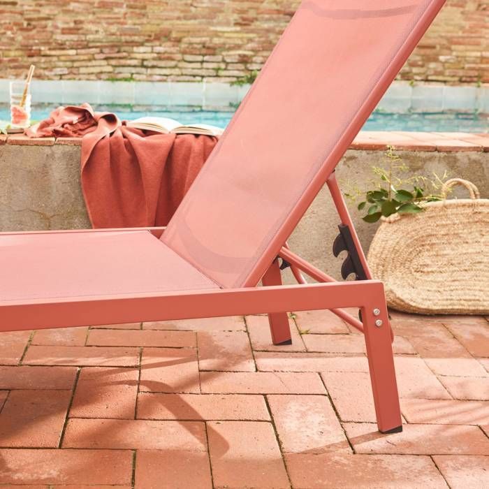 Lot de 2 transats terracotta. 5 positions. en textilène et métal. FLORA.  L155 x P59 x H106cm
