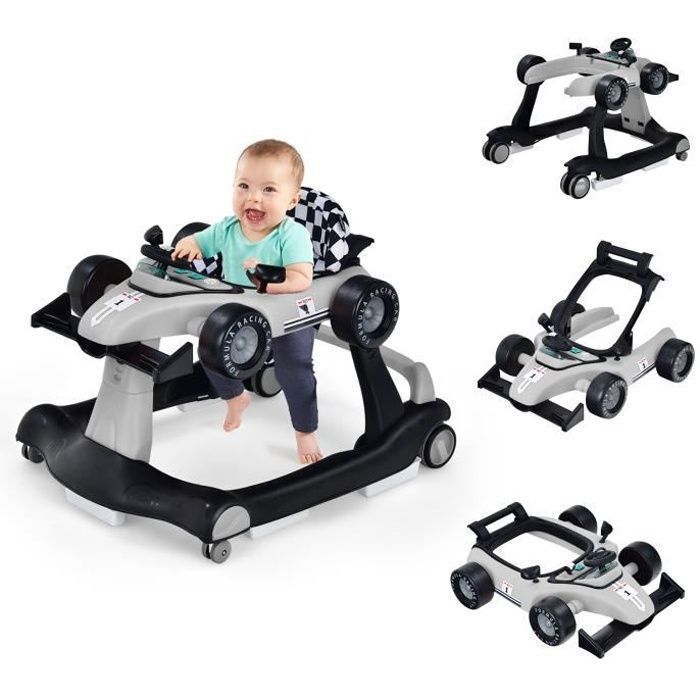Andador plegable 4 en 1 para bebés COSTWAY - Altura y velocidad ajustables - Caja de música con luz - De 6 a 18 meses - Ruedas silenciosas - Negro/Gris