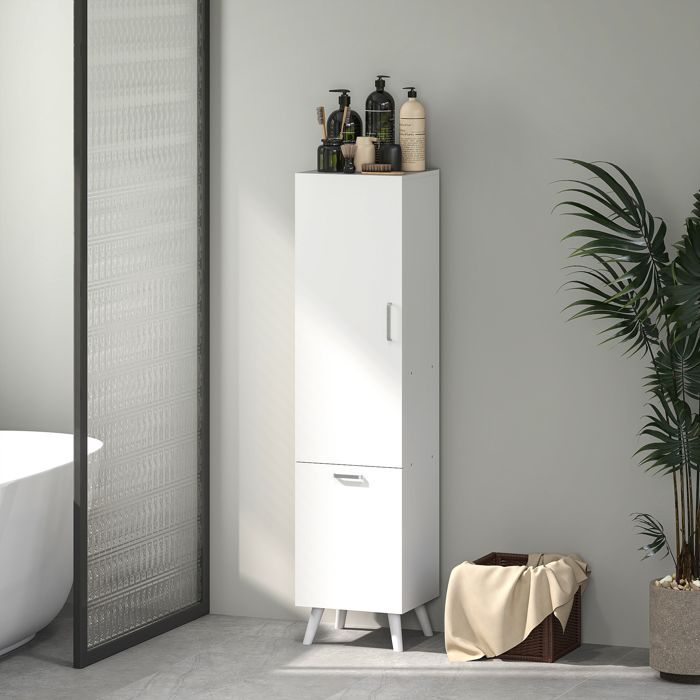 Mueble columna para baño - HOMCOM - armarios con puertas - 35 x 31,5 x 144 cm - blanco