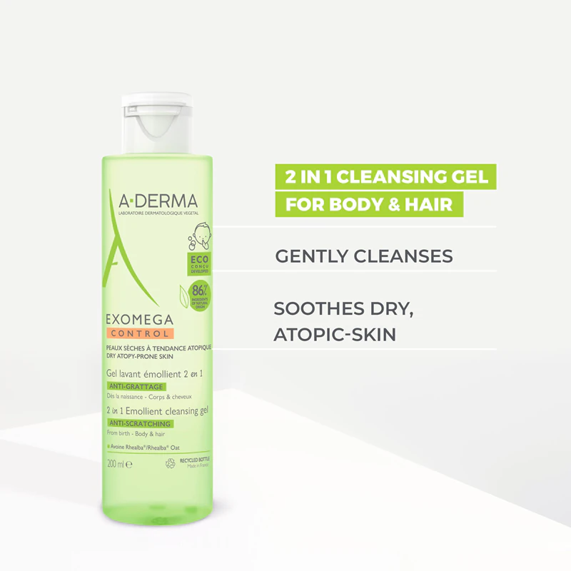 A-Derma Exomega Control 2-in-1 verzachtende reinigingsgel douchegel voor de droge en atopische huid