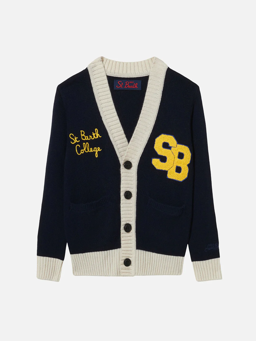 Strickcardigan für Kinder des St. Barth College mit Aufnähern und Stickereien