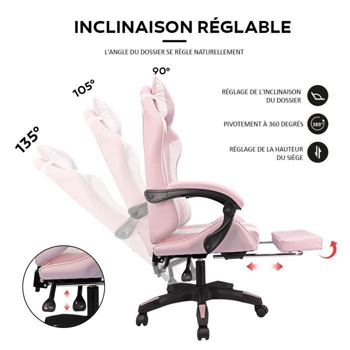 Sedia da gaming, sedia da ufficio regolabile, sedia da gaming con poggiapiedi telescopico (rosa e bianco)