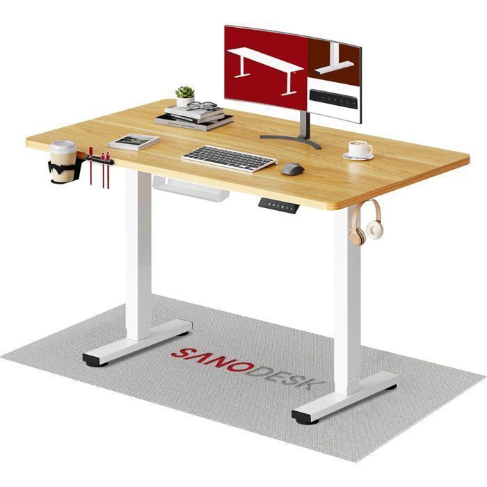 SANODESK Bureau Assis Debout, Plateau Complet 110x54cm, Système Anti-Collision, Fonctions Mémoires, Crochet/Porte-gobelet, Érable