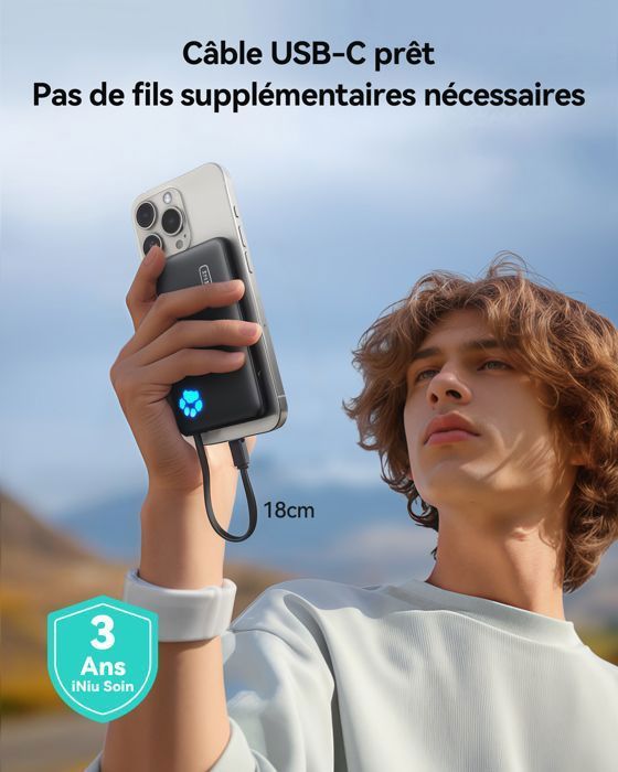 Bateria externa INIU, Power Bank PD de 45W e 10000mAh com cabos USB-C integrados, carregamento rápido para iPhone, Samsung, etc.