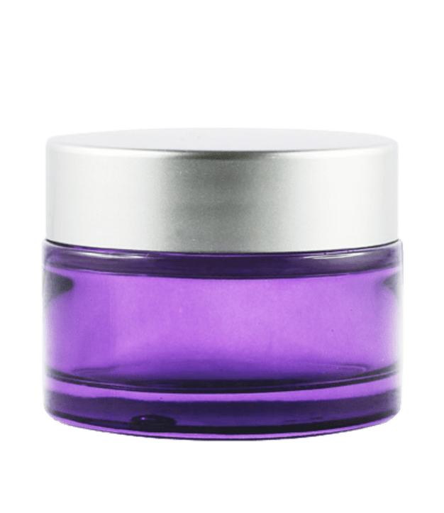 Pot verre violet 30 ml avec capot argent mat