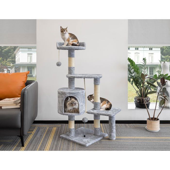 Grijze krabpaal, 112 cm hoge stabiele speeltoren voor katten, klimtoren met meerdere niveaus, 4 sisalpalen en 3 platforms.