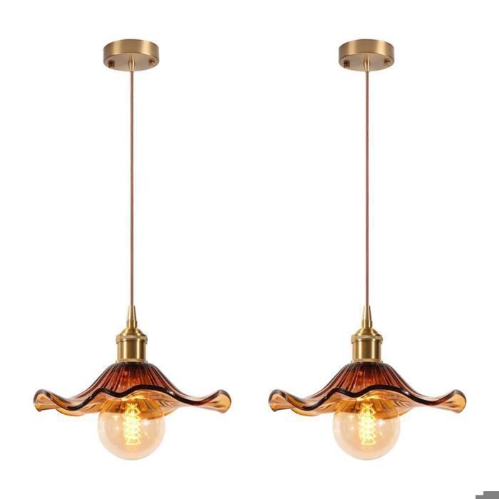 Suspension - Feuille de lotus ambre - Abat-jour verre - 2x E27 - Style scandinave vintage