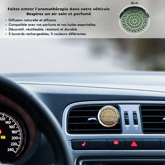 Diffuseur Voiture - ZEN'ARÔME - Clip'Arôme - Acier Inox - 5 Buvards Réutilisables - Rosace Découpée au Laser