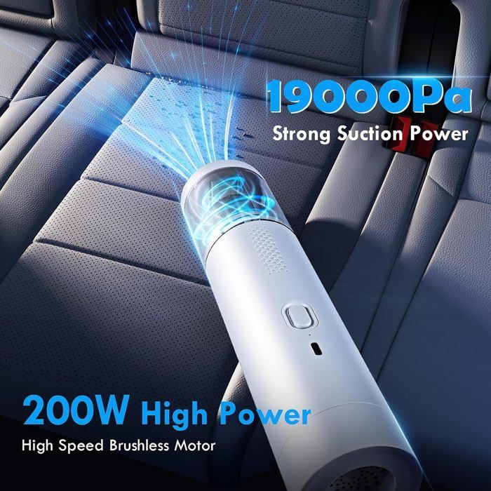 Aspiradora de mano inalámbrica de 19000 PA, mini aspiradora recargable, potente aspiradora 3 en 1 para el hogar y el coche (blanca)