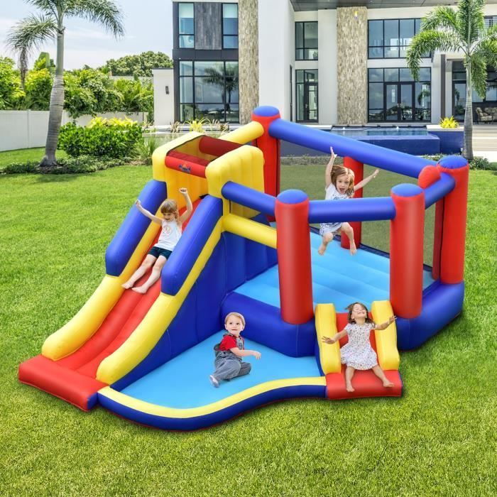 DREAMADE Opblaasbaar kasteel voor kinderen met glijbaan, trampoline, zwembad en klimwand, 383x313x182 cm, draagvermogen 120 kg, exclusief