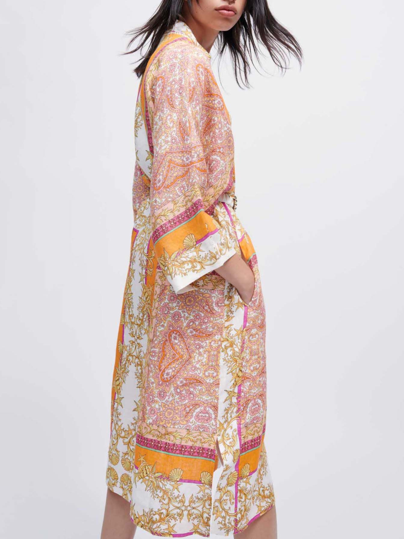 Kimono din in cu eșarfă imprimată - Foulard Coquillage