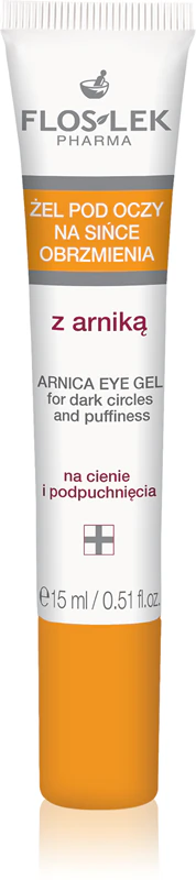 Gel oftálmico FlosLek Pharma Eye Care com arnica para combater inchaço e olheiras.
