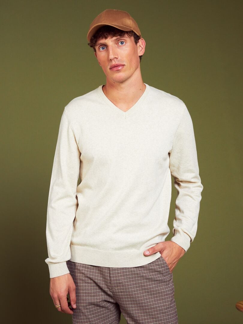 Eenvoudige gebreide trui in effen kleur - BEIGE