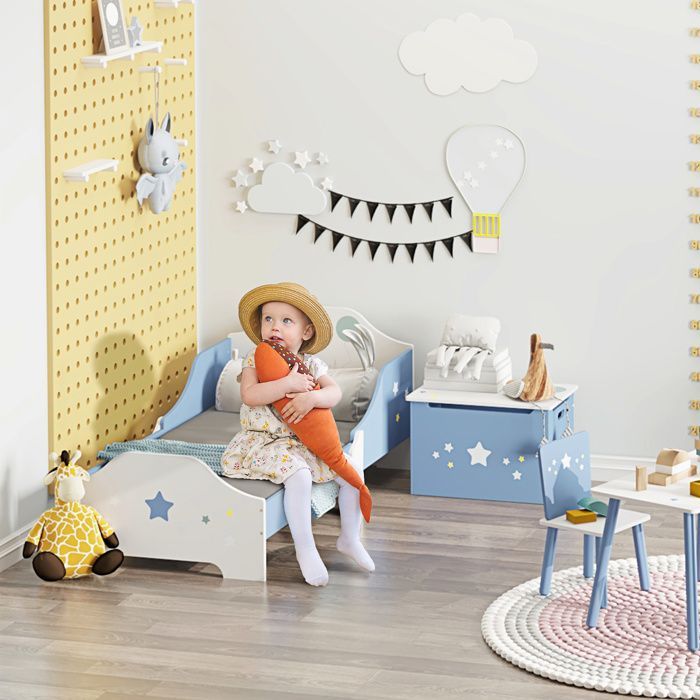Cama infantil - HOMCOM - De 3 a 6 años - Diseño de estrellas - Base de láminas incluida - Dormitorio moderno - 143 x 74 x 59 cm - Azul y blanco