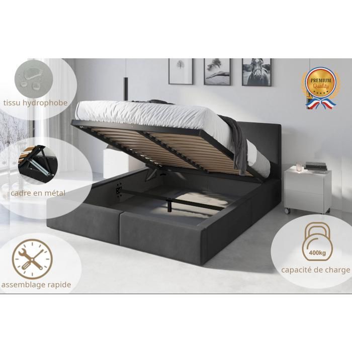 Gestoffeerd tweepersoonsbed - Interbeds - Hilton - 120x200 - Opbergvak - Lattenbodem - Metalen frame - Hoofdbord - Grafietkleurige stof
