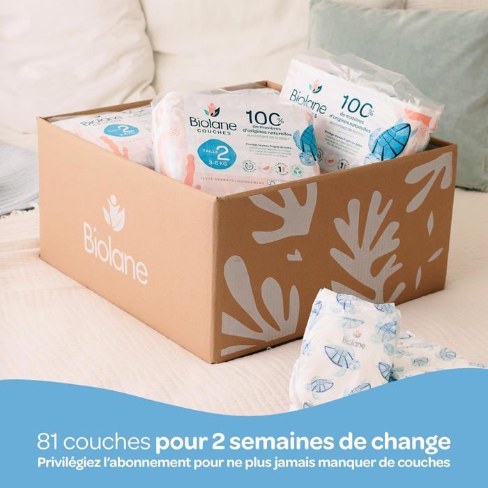 BIOLANE - Couches bébé taille 2 (3-6kg) - Peaux Sensibles - Demi pack 81 couches