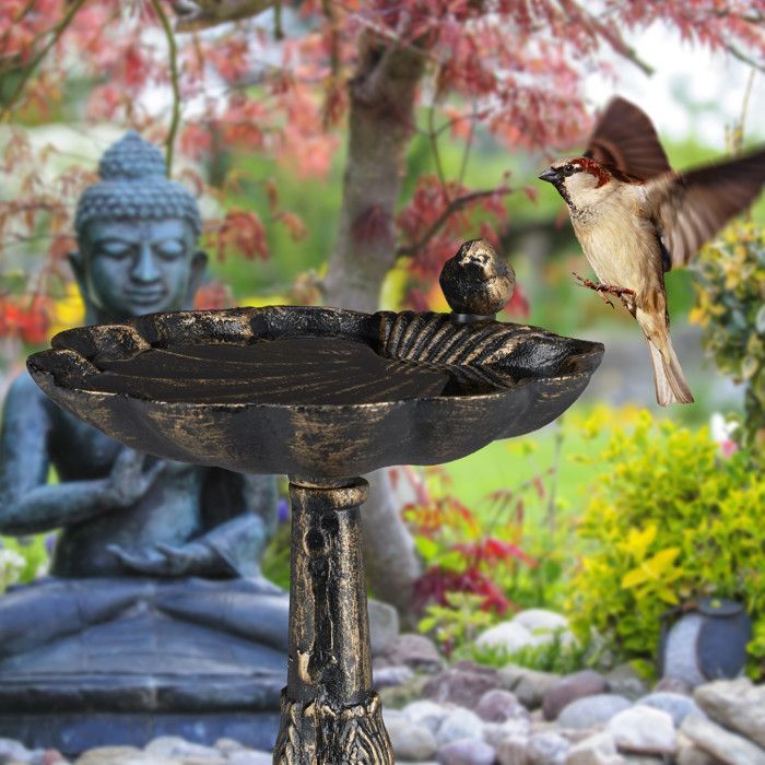Comedero para pájaros Relaxdays, hierro fundido, decoración de jardín, estilo antiguo, comedero de pie, 40 cm de alto, bronce.